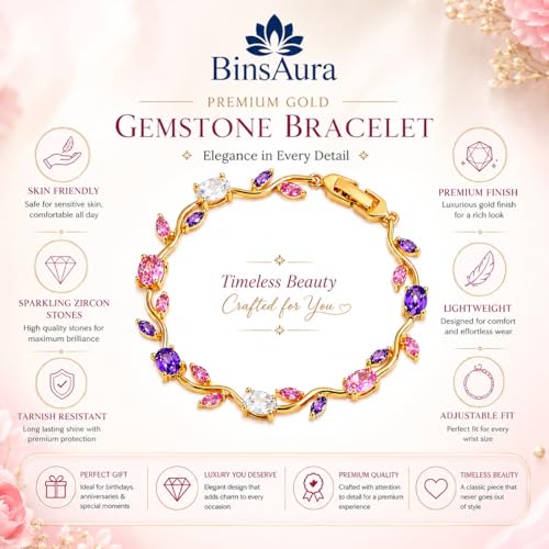 Image of BinsAura Gold Plated Crystal Bracelet for Women | Pink Purple White AAA Cubic Zirconia Tennis Bracelet | Adjustable Luxury Fashion Bracelet for Girls | Birthday Anniversary Valentine Gift Jewellery