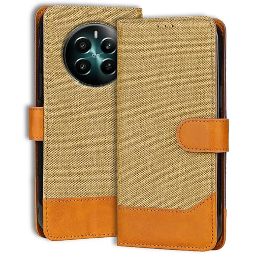 Image of Accesorios Realme 12 Plus 5G Denim & Leather Flip Back Cover Case | Vegan Leather | Kick Stand & Pockets | Protective Back Flip Cover for Realme 12 Plus 5G (Light Brown)