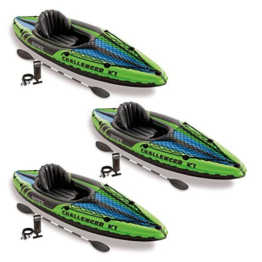 Intex Challenger K1 1 Person Inflatable Sporty Kayak with a 86 Inch Long Aluminum Oar and Hand Pump for Lakes and Mild Rivers, (3 Pack)