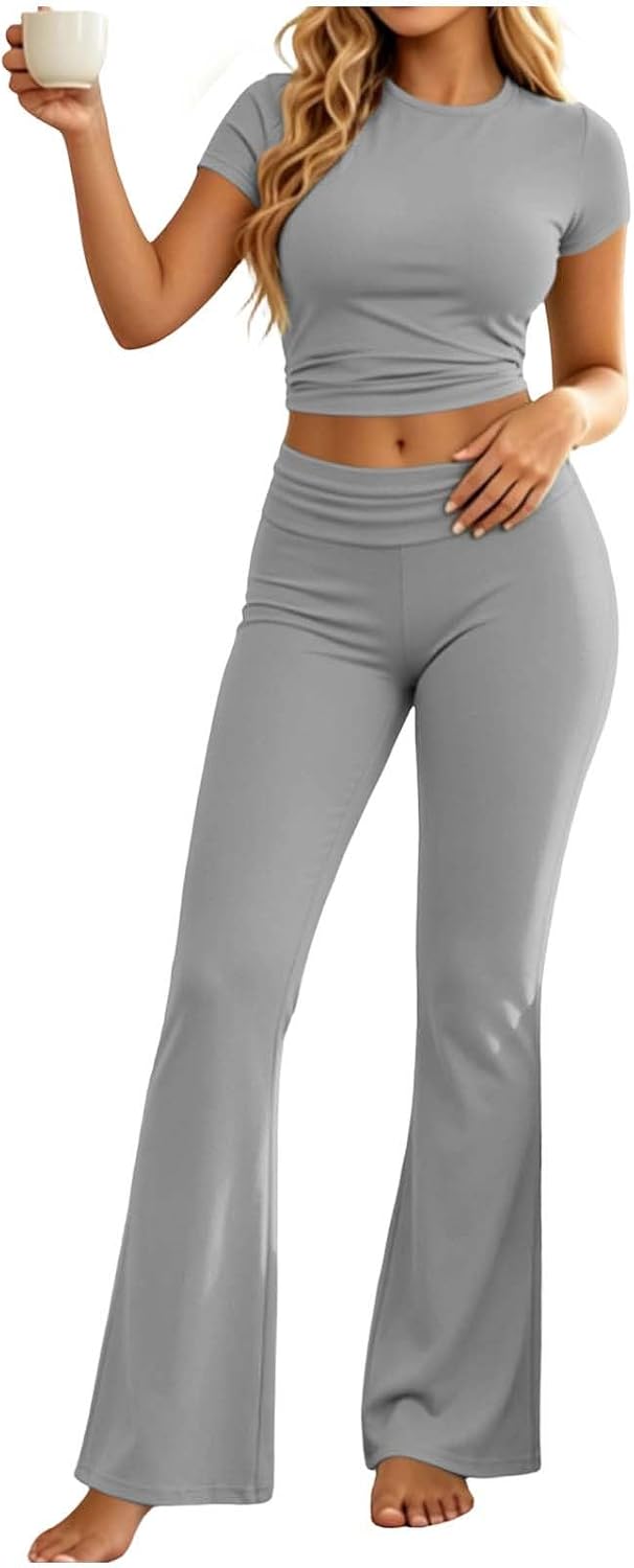 Matching Sets for Women Cropped Short Sleeve Tops with Bell Bottom Flared Pants Lounge Yoga Workout 2Pc Pajamas