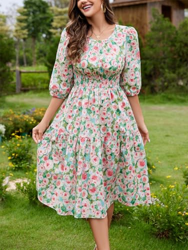 Image of Kormei Women Casual Boho Floral Round Neck 3 /4 Sleeve Smocked Waist Tiered A Line Flowy Swing Midi Dress Long Dresses