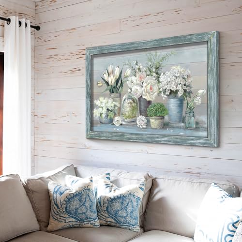 Bouquet Wooden Framed Wall Art - Rustic White Flower Painting Abstract Floral in Vase Picture Plant Prints Botanical Artwork for Kitchen Dining Room by HILL WEST - Used condition - Image 5
