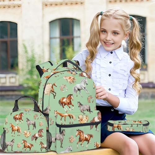 Kids Backpack with Lunch Box, Set of 3 Horse School Backpacks Matching Combo for Girls, Aesthetic Green Bookbag and Pencil Case Bundle3