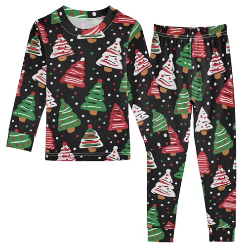 Pajama Sets Long Sleeve Christmas Trees on Black Background Soft Comfy Sleepwear 2 Piece PJS 3-8T