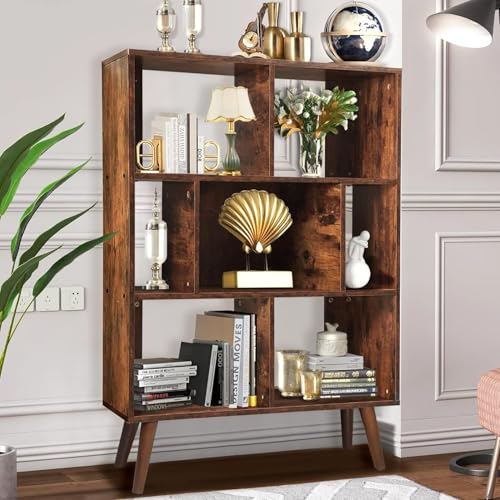 Mid Century Modern Bookshelf – 7 Cube Retro Bookcase, 3 Tier Open...