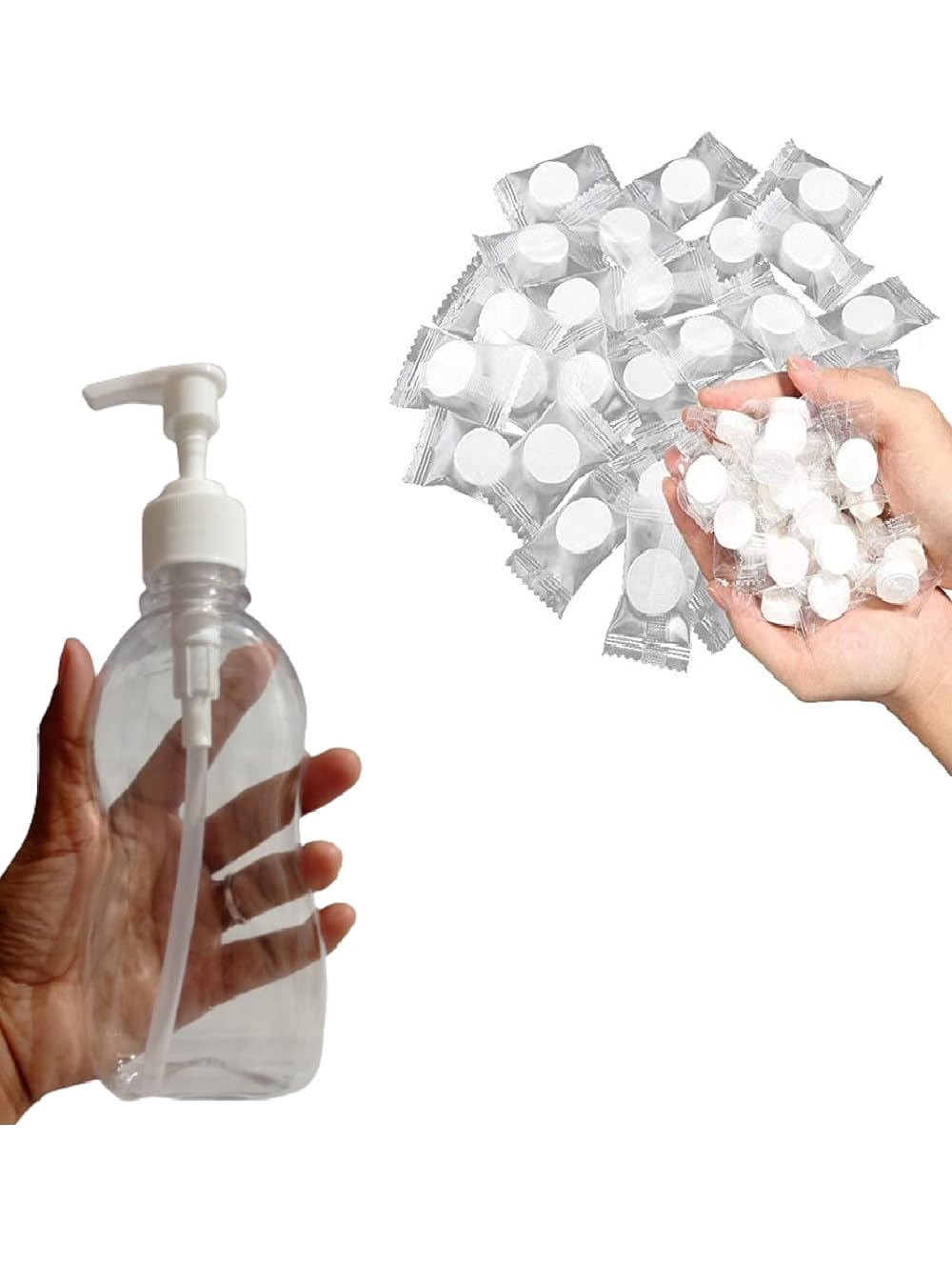 DAIDSUKE® ( Pack Of 10 ) Fragrance Coin Pocket Towel For Travel and 250ml Empty Plastic Spray Lotion Liquid Soap 1 Handwash Bottle Multipurpose Use Magic Chocolate Shape Cotton Disposable Tissue For Facial Water Wet Wipe Napkin Tissues ( White )-image-6