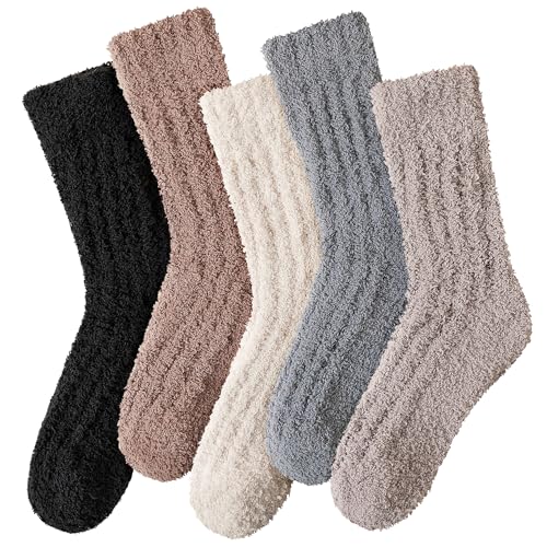 Image of Velice Womens Fuzzy Socks Soft Cozy Fluffy Slipper Winter Warm Plush Sleeping Christmas Socks 5 Pairs