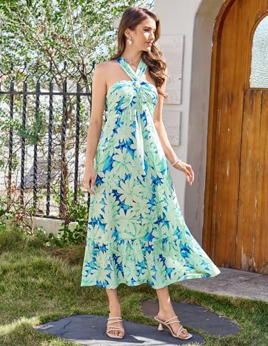 Image of GRACE KARIN Womens Summer Floral Dresses 2026 Boho Maxi Dress Flowy Halter Sundress Casual Vacation Beach Clothes with Pocket