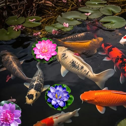 AHEJIOO 13 Stück Schwimmende Künstliche Seerosen mit Realistischen Lotusblättern, 8 Farben, Durchmesser 10 cm – Seerosen künstlich, Seerose Miniteich für Aquarium, Garten & Teich