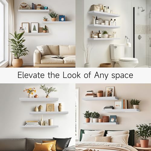 Image of BAYKA White Floating Shelves for Wall, 36 inches Wall Mounted Rustic Wood Shelves for Bathroom, Bedroom, Living Room, for Book /Storage /Decor(Set of 3)