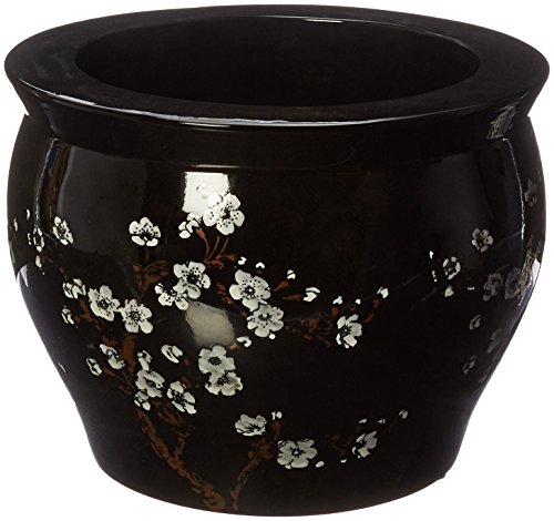 Classic Japanese Chinese Asian Ceramic Planter - 14" Plum Blossoms On Black Porcelain Pottery Fishbowl Jardiniere #TOP10