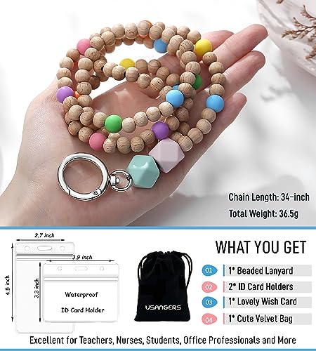 Image of Teacher Lanyard Lanyards for ID Badges Keys Women Wood Silicone Beaded Lanyard with ID Holder Work Jewelry