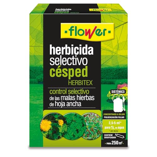 Flower - Herbicida Selectivo Césped Herbitex 25 ml | Elimina Malas Hierbas de Hoja Ancha | Herbicida Concentrado | Efectivo Post Crecimiento | Con Dosificador