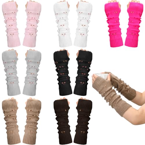 Croloose 7 Pairs Kawaii Arm Warmers Grunge Ripped Glove Long Fingerless Y2K Heart Hollow Japanese Arm Warmers Crochet Loose Glove for Women Lolita, 7 Colors