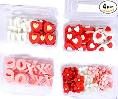 SWEET INSPIRATIONS Edible Cake Decoration Sprinkles Cupcake Toppers Valentine's Day Pack of 4 Boxes- White Red Pink Flowers, Red & White Double Hearts,I Love U , XOXO - 40 Each