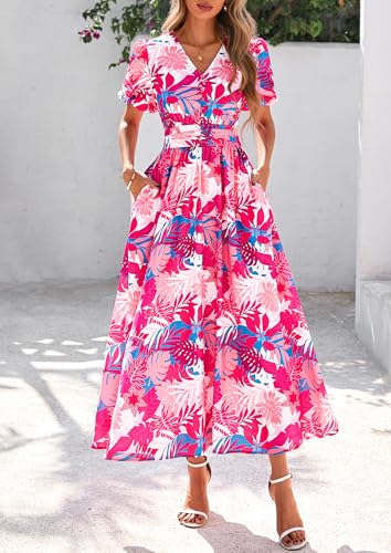 Image of PRETTYGARDEN Womes Boho Maxi Dresses 2026 Summer Spring V Neck Puff Sleeve Empire Waist A Line Flowy Long Beach Floral Dress