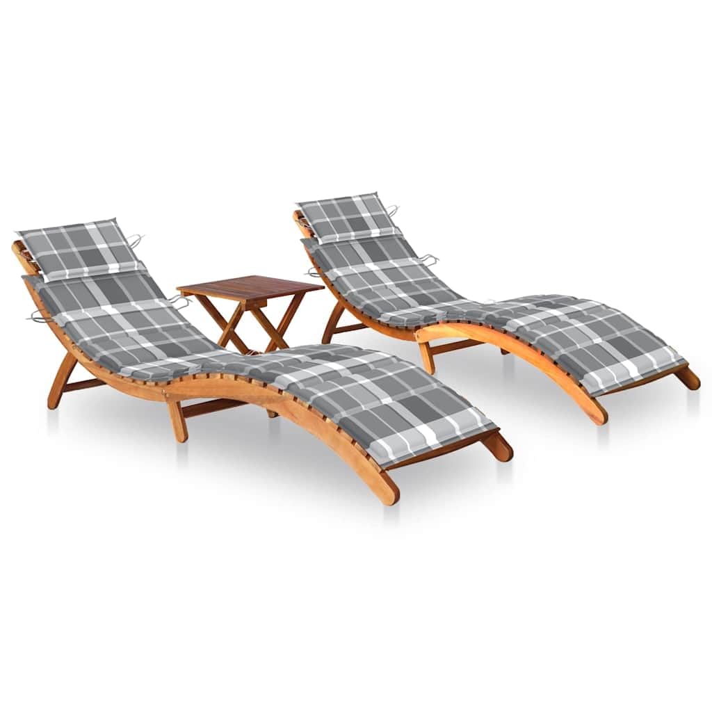 Lettini da giardino pieghevoli, 2 pezzi, con tavolo e cuscini in legno di acacia massiccio, set di sdraio per terrazza e giardino, impermeabile e portata fino a 110 kg