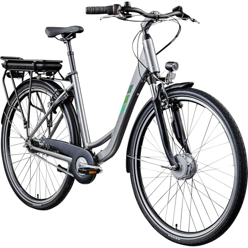ZÜNDAPP Z502 E Bike Damen 28 Zoll Pedelec 155-180 cm Elektrofahrrad 7 Gang Damenfahrrad 522 Wh E Fahrrad (grau/grün, 50 cm)