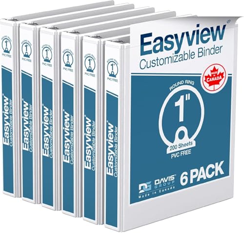Image of Easyview 3-Ring Binder, Clear-View Cover, 1 inch Round Rings, White, 6 Pack | Heavy-duty binder, fits 8.5 inch x 11 inch paper, customizable cover, made in Canada, ideal for school or office use