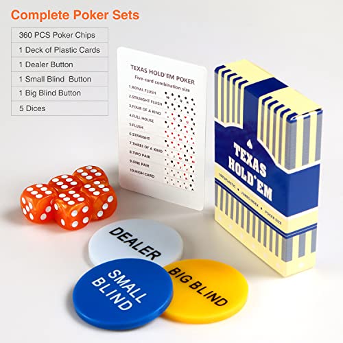 Okf Poker Chip Set - 360Pcs Poker Chips With Case；Include 1 Plastic Deck Of Cards, Dealer & Blind Buttons；5 Gram Plastic Chips With Denominations For Texas Holdem Blackjack Gambling #TOP3