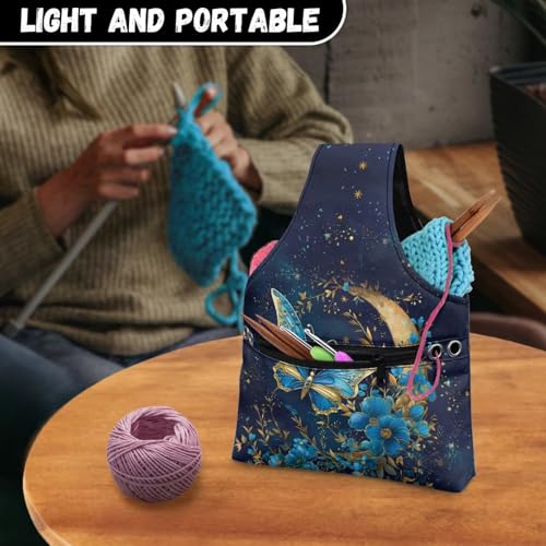 Image of ZUXONGSYBlue Moon Yarn Bags for Knitting Butterfly Yarn Tote Bag for Women Floral Portable Knitting Project HanbBag for Crochet Hooks
