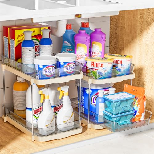 Delamu 2 Sets of 2-Tier Multi-Purpose Bathroom Under Sink Organizers and Storage, Stackable Kitchen Pantry Organization, Pull Out Medicine Cabinet Organizer with 8 Movable Dividers, Beige