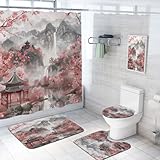 Watercolor Cherry Blossom Shower Curtain Set with Non-Slip Rugs, Toilet Lid Cover and Bath Mat, Chinese Landscape Ink Painting Bathroom Shower Curtain with 12 Hooks Accessories Decorative