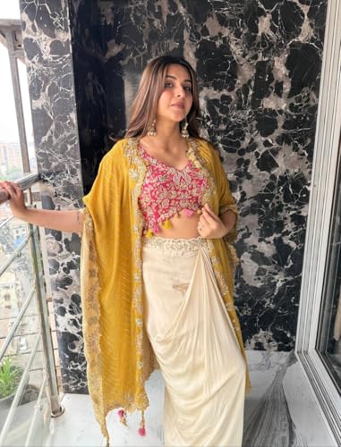 Image of Women Indo Western Dhoti Set with Blouse and Shrug Sequins Embroidery Bandhani Print Ethnic Wear