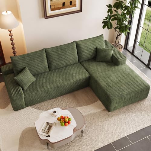 Image of 95 inch Modular Sectional Couch, Boneless L Shaped Cloud Sofa with Chaise Lounge, Corduroy Upholstered Couches Memory Foam Deep Seat, No Assembly Required, Ideal for Living Room(Green, Right Facing)