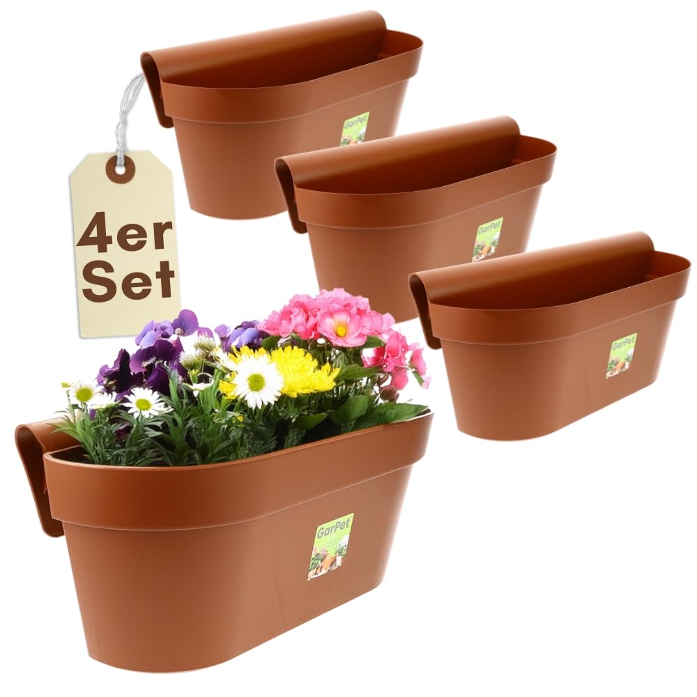 GarPet 4er Set Geländerkasten Balkon mit Wasserspeicher Blumentopf Zaun Blumenkasten Geländer Balkontopf Balkonkasten Geländerkasten Blumenkasten Balkon Terracotta 50 cm