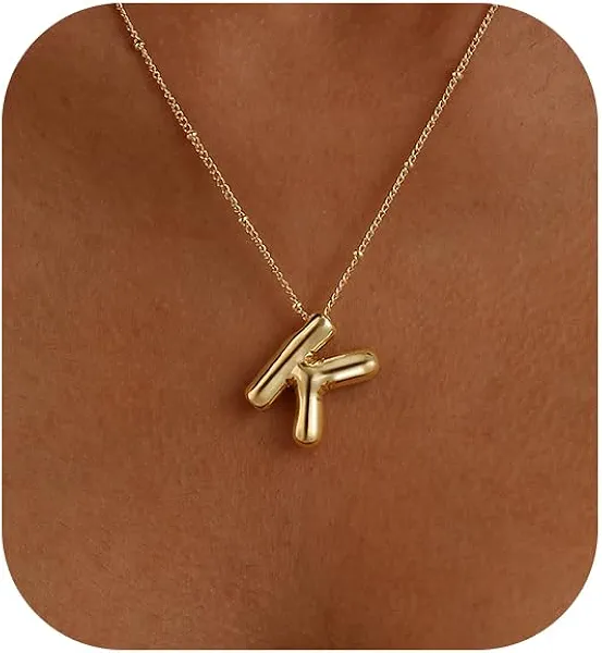 Bubble Letter Necklace for Women, 14k Gold Plated Balloon Initial Necklace Chunky Pendant Necklace Dainty Charm Initial Necklaces for Women Trendy Chunky Custom Name Necklace Jewelry for Womens