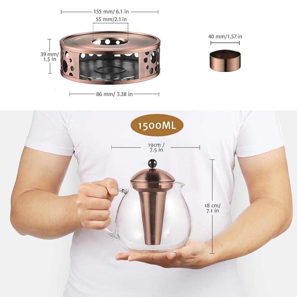 glastal Dzbanek do herbaty 1500 ml w kolorze brązowym, z piecykiem na podgrzewacze, szkło i stal szlachetna, do zaparzania herbaty