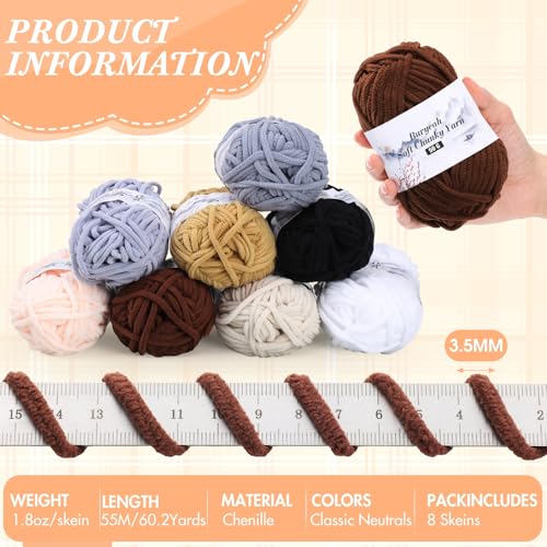 Image of Buryeah 8 Packs #5 Skinny Chenille Yarn for Hand Knitting Crocheting 50g /1.76oz Thin Soft Chunky Plush Beginner Yarn Size 5 for Crochet Small Plush DIY Crafts Blankets, 480 yd Total(Classic Neutrals)