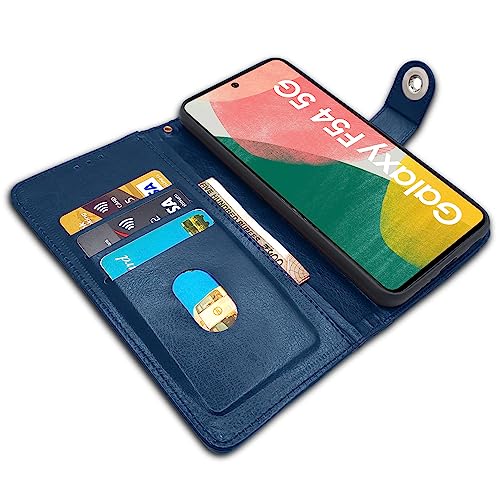 Image of Pikkme Samsung Galaxy F54 / M54 5G Flip Cover Leather Finish | Inside TPU with Card Pockets | Wallet Stand and Shock Proof | Complete Protection Button Flip Case (Blue)