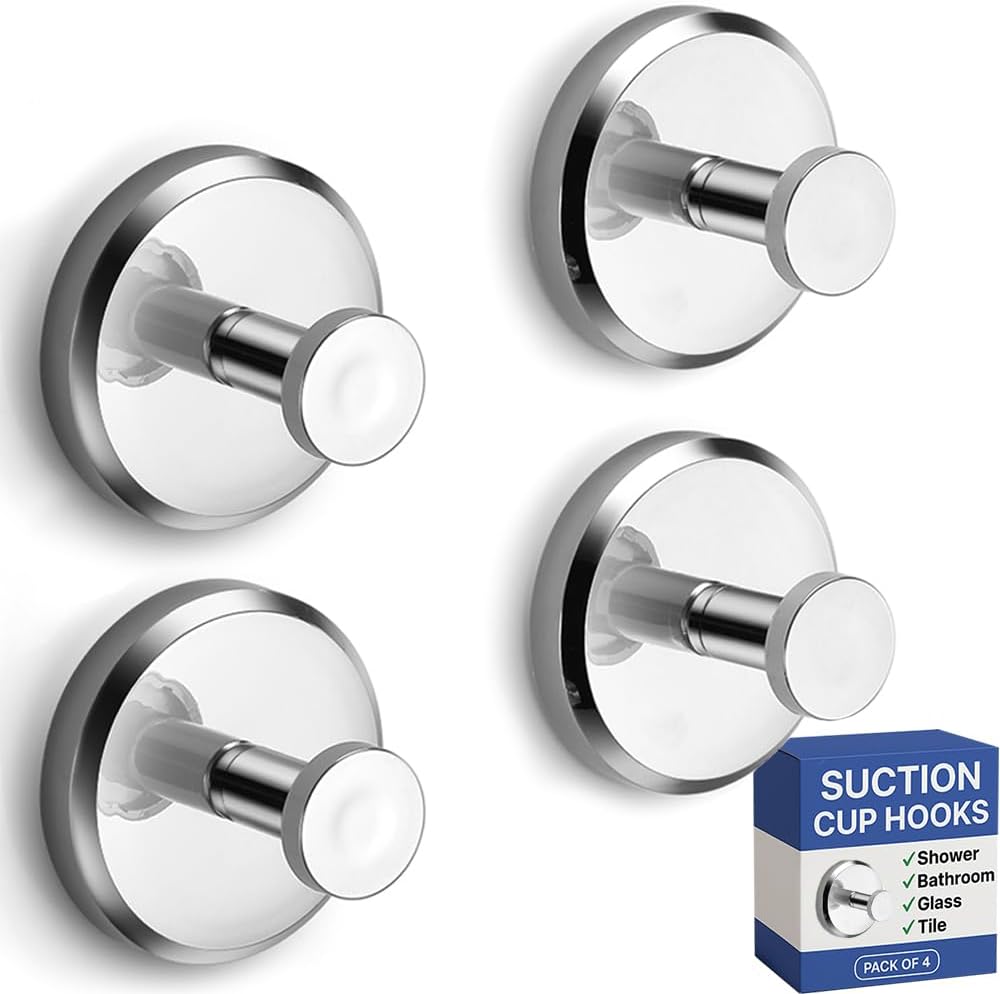 HOME SO Suction Cup Hooks for Shower & Bathroom Towel Holder 4-Pack – Suction Cups Hooks for Hanging Towels, Robes, & Coats - Tiles, Glass Door or Mirror – Shower Hooks & Towel Hooks Organizer -Chrome