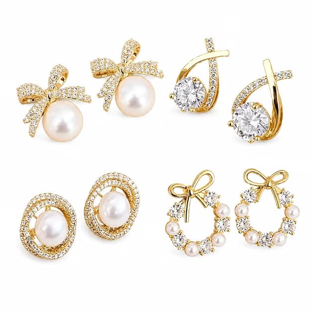 Generic misthi jewel Korean Style Pearl & Crystal Bow Earrings Set, - Image 1