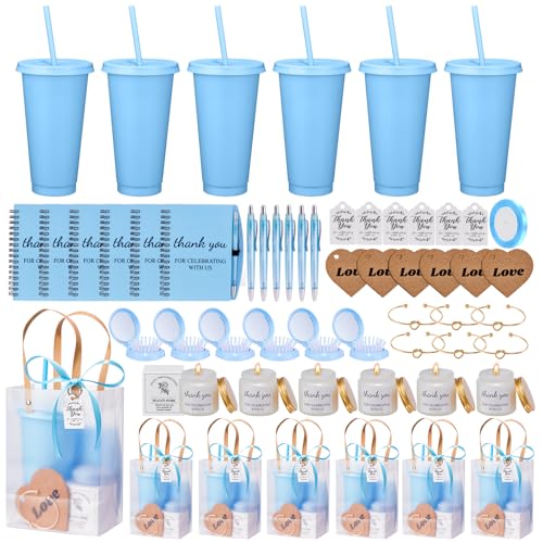 50Pcs Baby Shower Prizes for Game Winners Baby Shower Favors Gifts including Plastic Tumbler Notebook Scented Candles Ballpoint Pen Mirrors with Hair Brushes Bracelet Gift Bag (Blue)