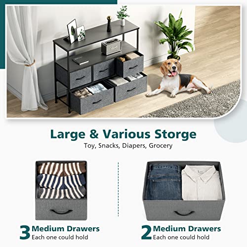 Image of NEWBULIG Dresser,Dresser with 5 Fabric Drawers,Chest of Drawers,Storage Tower, TV Stand Organizer Storage for Bedroom Living Room Hallway, Easy Pull Fabric Bins,Wooden Top, Sturdy Steel Frame,Black