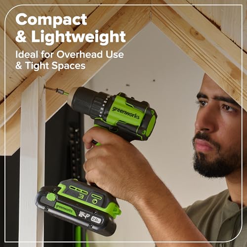 Image of Greenworks 24V 1 /2 inch Brushless Cordless Drill (400 In-lbs.), 2.0Ah (12,000mAh Power Bank) USB-C Batteries, 3.3 FT Braided Cable, 30W Charger + 90 PCS Black Oxide Drilling and Driving Bit Set