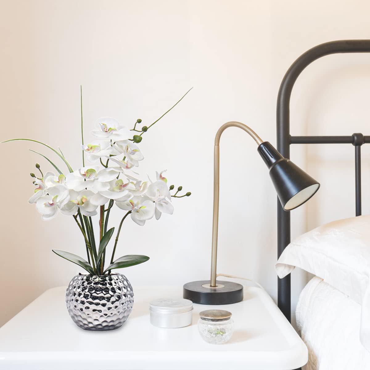 Orchids Artificial Flowers 20.8'' Faux Orchid Flower Arrangement Fake Orchid White Flower with Silver Ceramic Vase Phalaenopsis Orchid for Home Office Bathroom Table Centerpieces Decor, Briful - Image 4