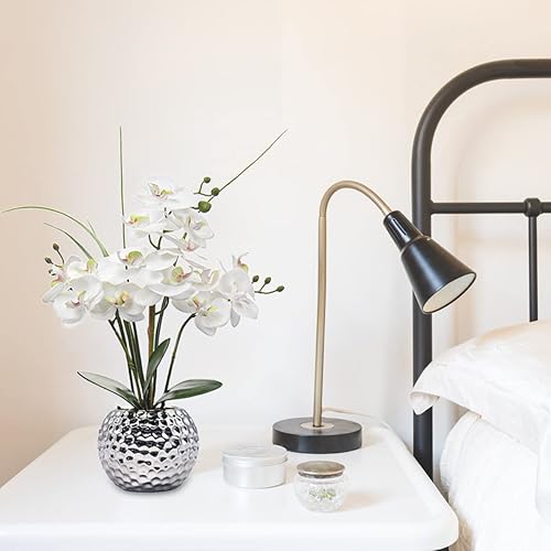 Miniatura 4 de Orchids Flores artificiales de 20.8 pulgadas, arreglo floral de orquídea falsa blanca con jarrón de cerámica plateada, orquídea Phalaenopsis para