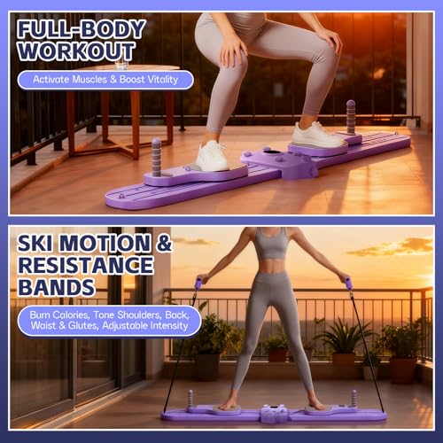 Pilates Reformer Maschine, Multifunktionales Ski-Fitnessgerät mit Widerstandsbändern, Verstellbaren Griffen, Pilates Board, Liegestütz Griffen, Split-Ab-Board & Armtrainer, Ganzkörper Workout