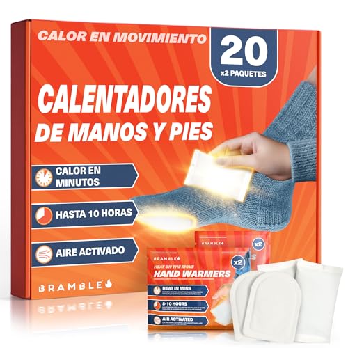 Bramble - Pack Variado de Calentadores de Manos y pies (20 Pares, 40 en Total) - Calentadores de Bolsillo para Manos y Dedos Adhesivos - Activados por Aire y sin Olor - hasta 10 Horas de Calor