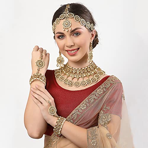 Karatcart Golden Kundan Studded Pearl Beaded Bridal Choker Necklace Set - Image 3