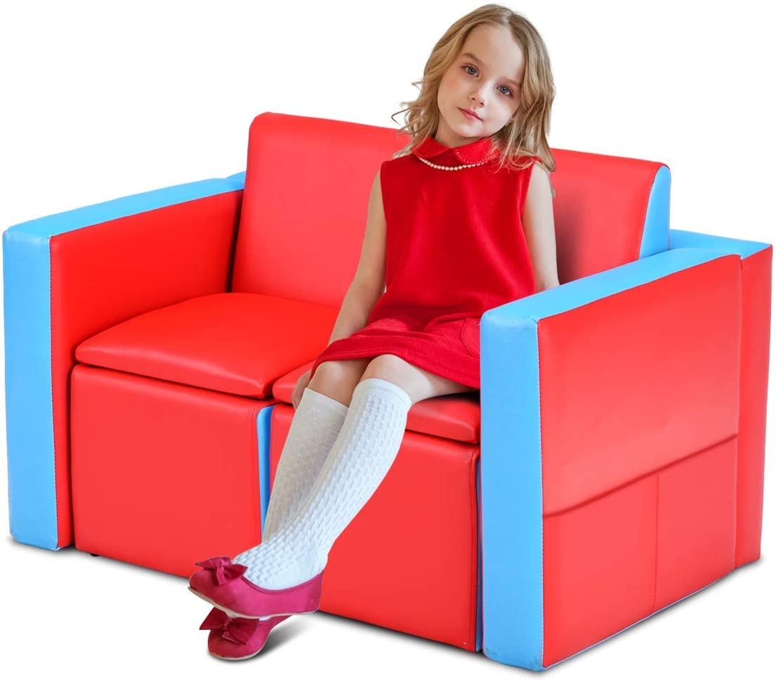 GLACER 2-in-1 Kids Sofa, 2 Seat Sofa Convert to Table & 2 Chairs, PVC Leather Toddler Couch w/Sturdy Wood Construction, Multifunctional Children Armchair w/Storage Space, Boys Girls Gift (Red)