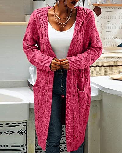 Image of Women Hooded Open Front Cardigan Cable Knit Chunky Long Sweater Coats