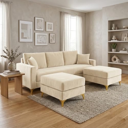 Image of SOCOZI Bravelle 3 Seater Modular Sofa Set with 2 Ottoman | Soft Velvet Suede Fabric | Modern Design | Plush Comfort Cushions for Living Room (Cream)