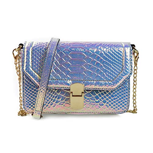 RemeeHi Fashion Small Shiny Hologram Laser Travel Snake PU Shoulder Bag Crossbody Bag with Chain