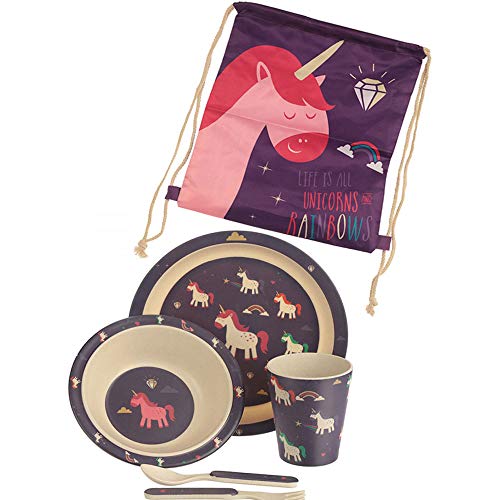 Vajilla para niños: Set Mochila Cuerdas y de bambú de 5 Piezas diseño Unicornio