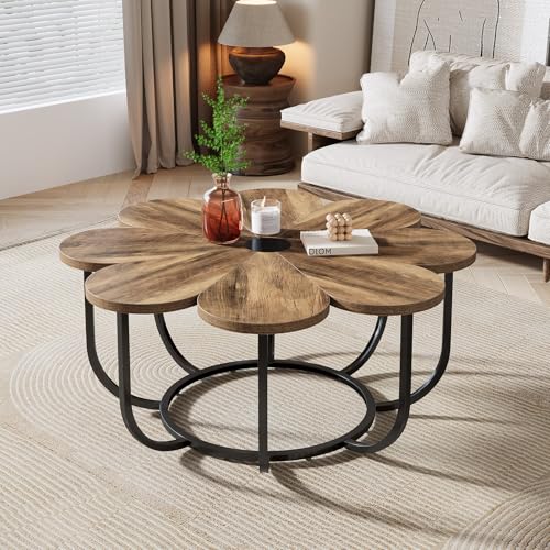 Tribesigns Table Basse Marron et Noir, 100 cm Table d'appoint Moderne avec Plateau en Bois en Forme de Fleur et Cadre en Métal pour Salon, Chambre à Coucher